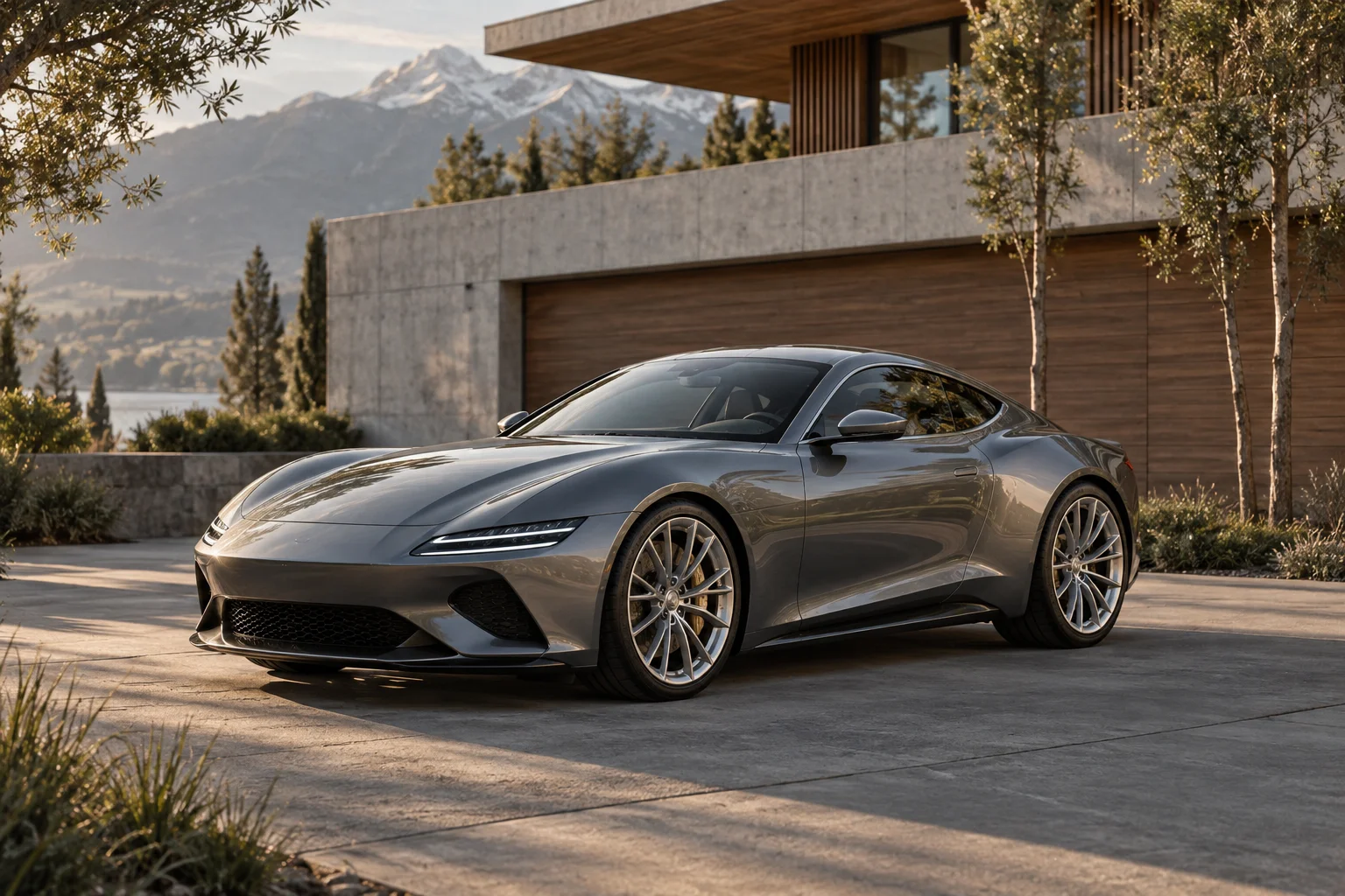 An illustrative graphite sports coupe in a modern alpine driveway.
