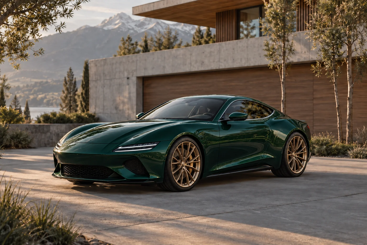 Personalized concept: a racing-green sports coupe visualized in the same driveway.