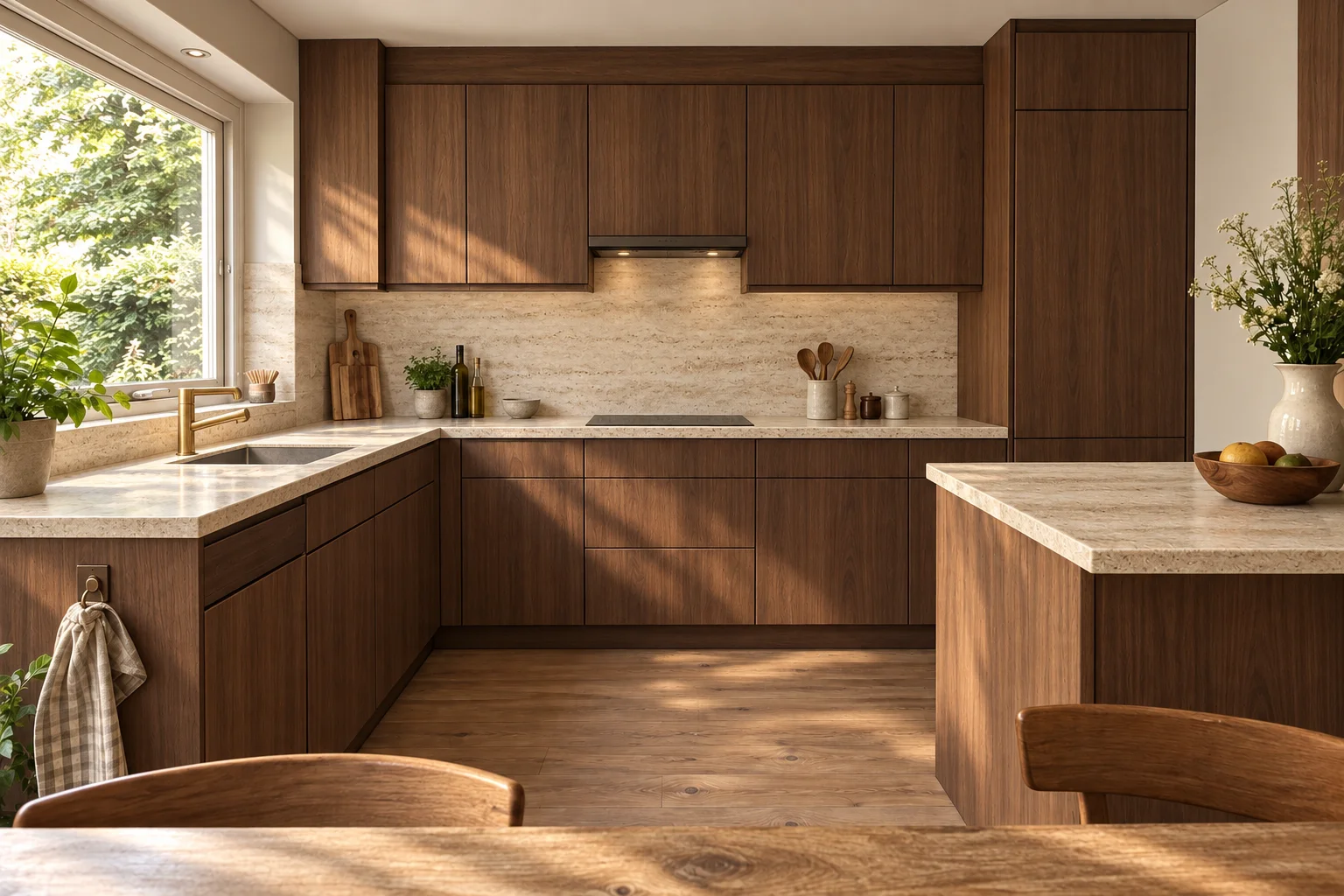 The kitchen reimagined with dark walnut cabinets, travertine counters and a brass tap.